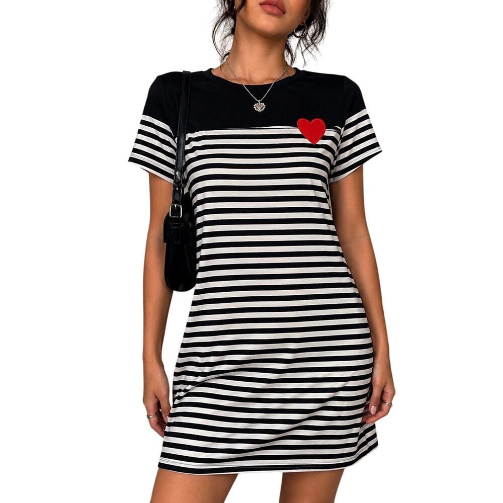 Black White Stripe Heart Patch T Shirt Dress Indie Mod Shein